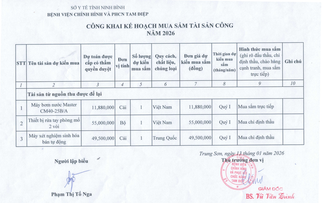 Bệnh viện Chỉnh hình và PHCN Tam Điệp công khai Kế hoạch mua sắm tài sản công năm 2026 cong khai tinh hinh mua sam tai san cong 2