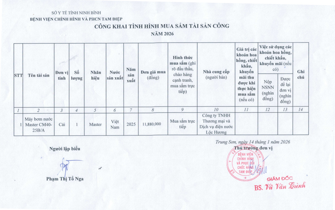 Bệnh viện Chỉnh hình và PHCN Tam Điệp công khai Kế hoạch mua sắm tài sản công năm 2026 cong khai tinh hinh mua sam tai san cong